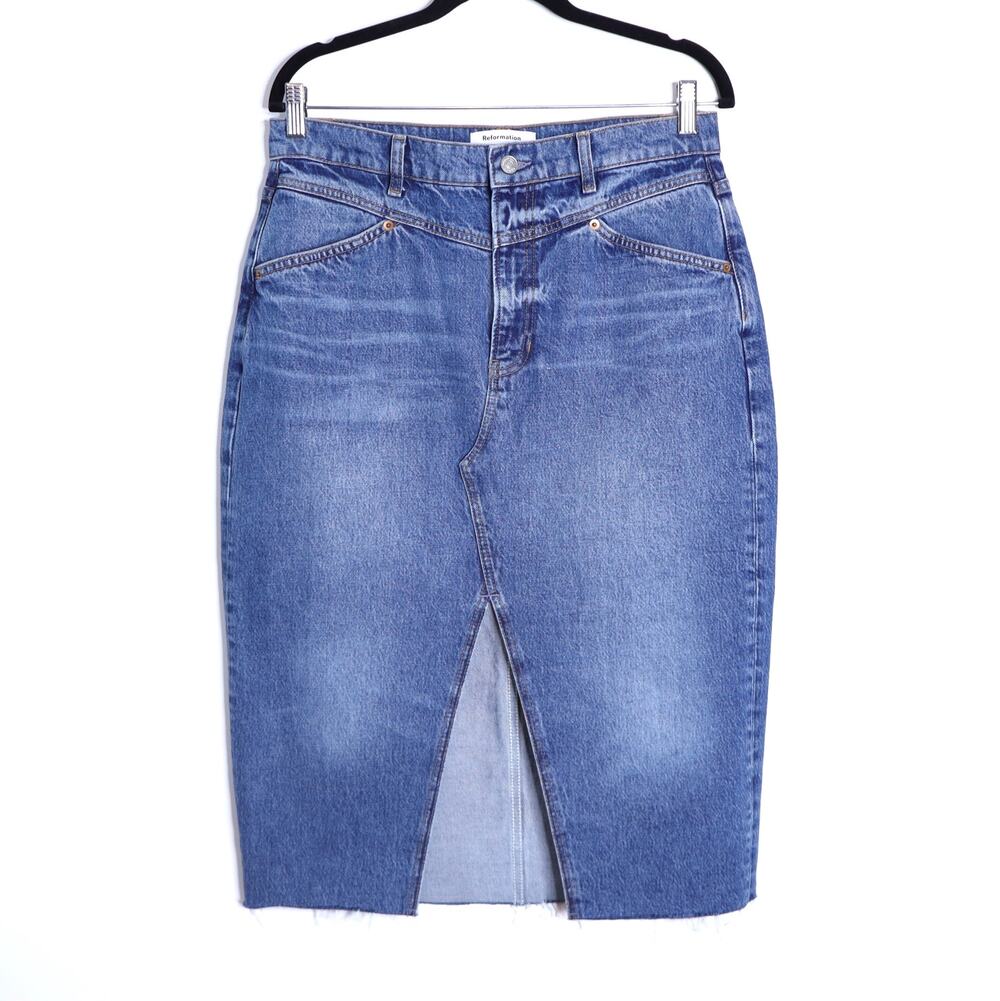 REFORMATION JEANS Jagger Denim Midi Skirt Hemlock Classic Blue Women's 30